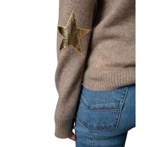 Zadig & Voltaire Vivi WS Gold Star Elbow Patch Cashmere Sweater M Oatmeal Deep V - Picture 10 of 13